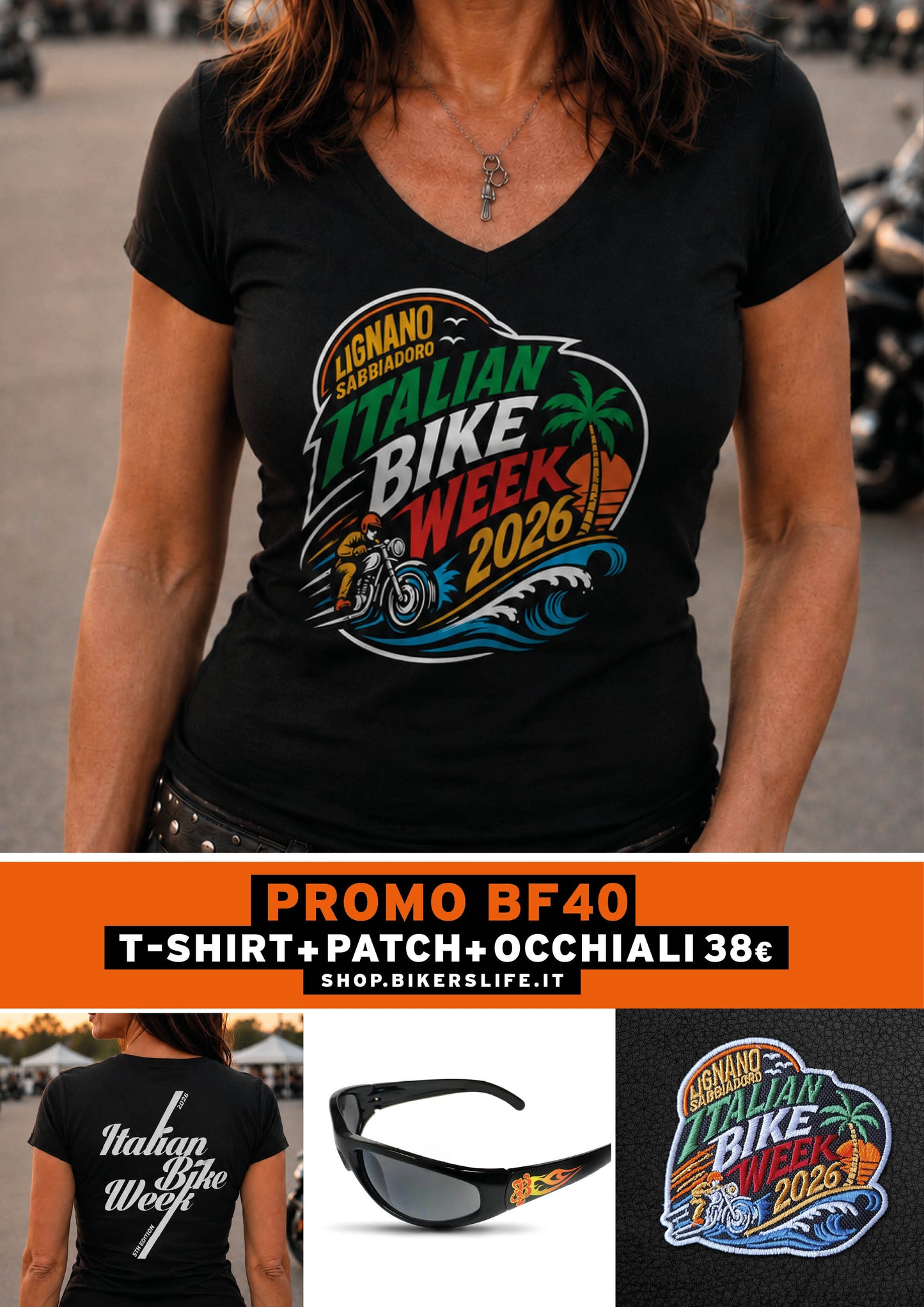 PRE-ORDER 2: TSHIRT + PATCH ITALIAN BIKE WEEK 2026 + OCCHIALI JOHN DOE