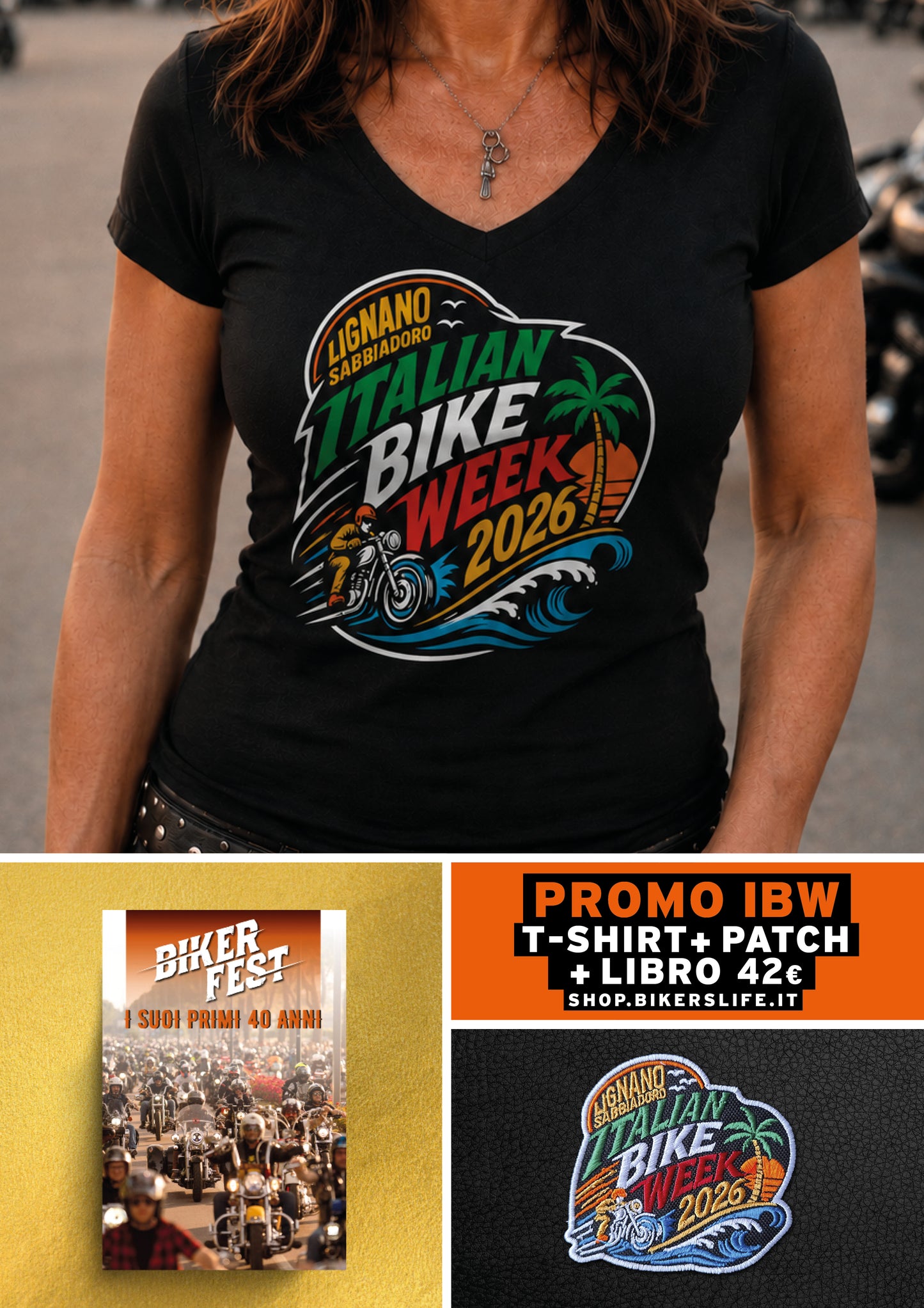 PRE-ORDER 3: TSHIRT + PATCH ITALIAN BIKE WEEK 2026 + LIBRO 40° BIKER FEST