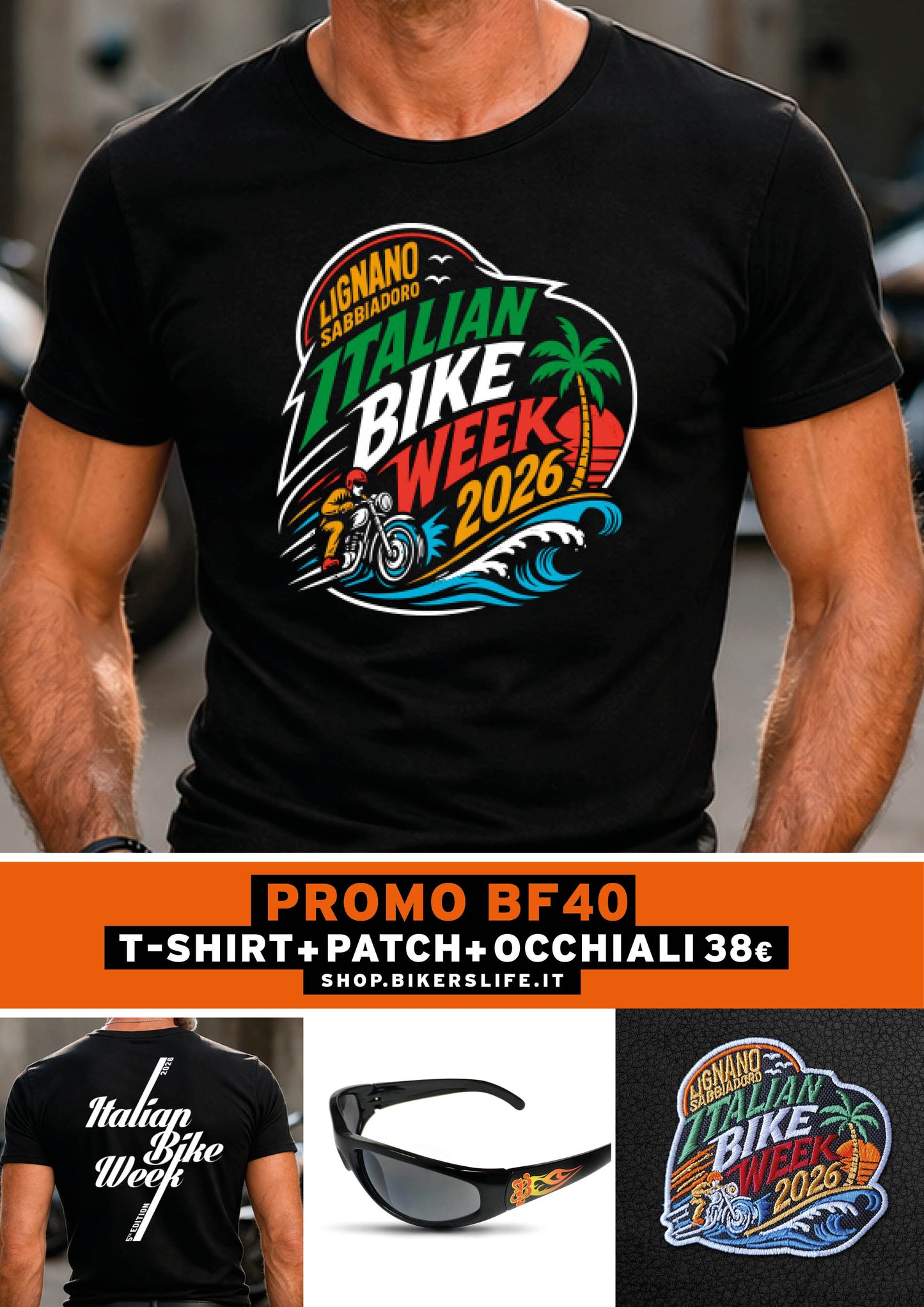 PRE-ORDER 2: TSHIRT + PATCH ITALIAN BIKE WEEK 2026 + OCCHIALI JOHN DOE